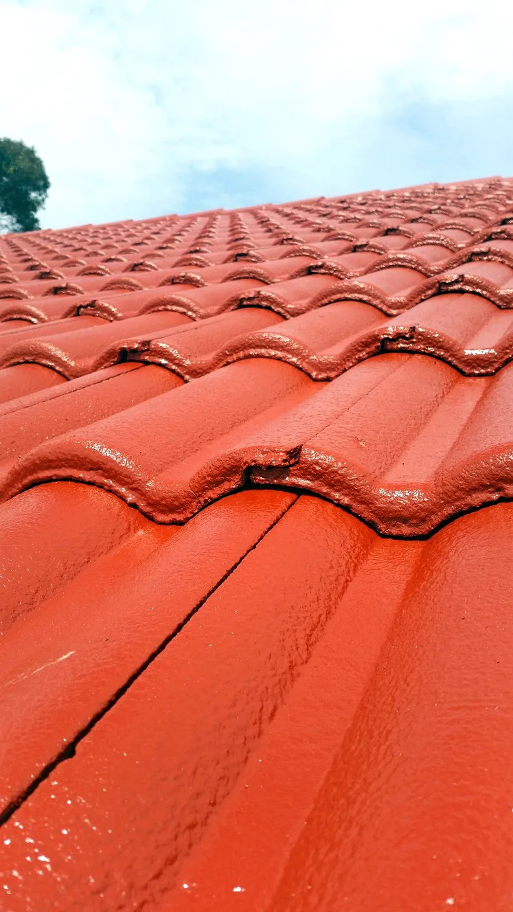 Gloss red roof tiles after restoration coating